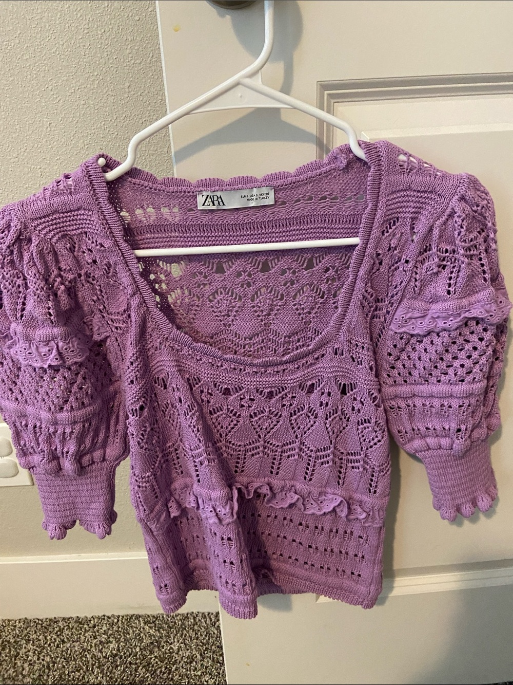 Zara Lilac Crochet Puff-Sleeve Knit Top